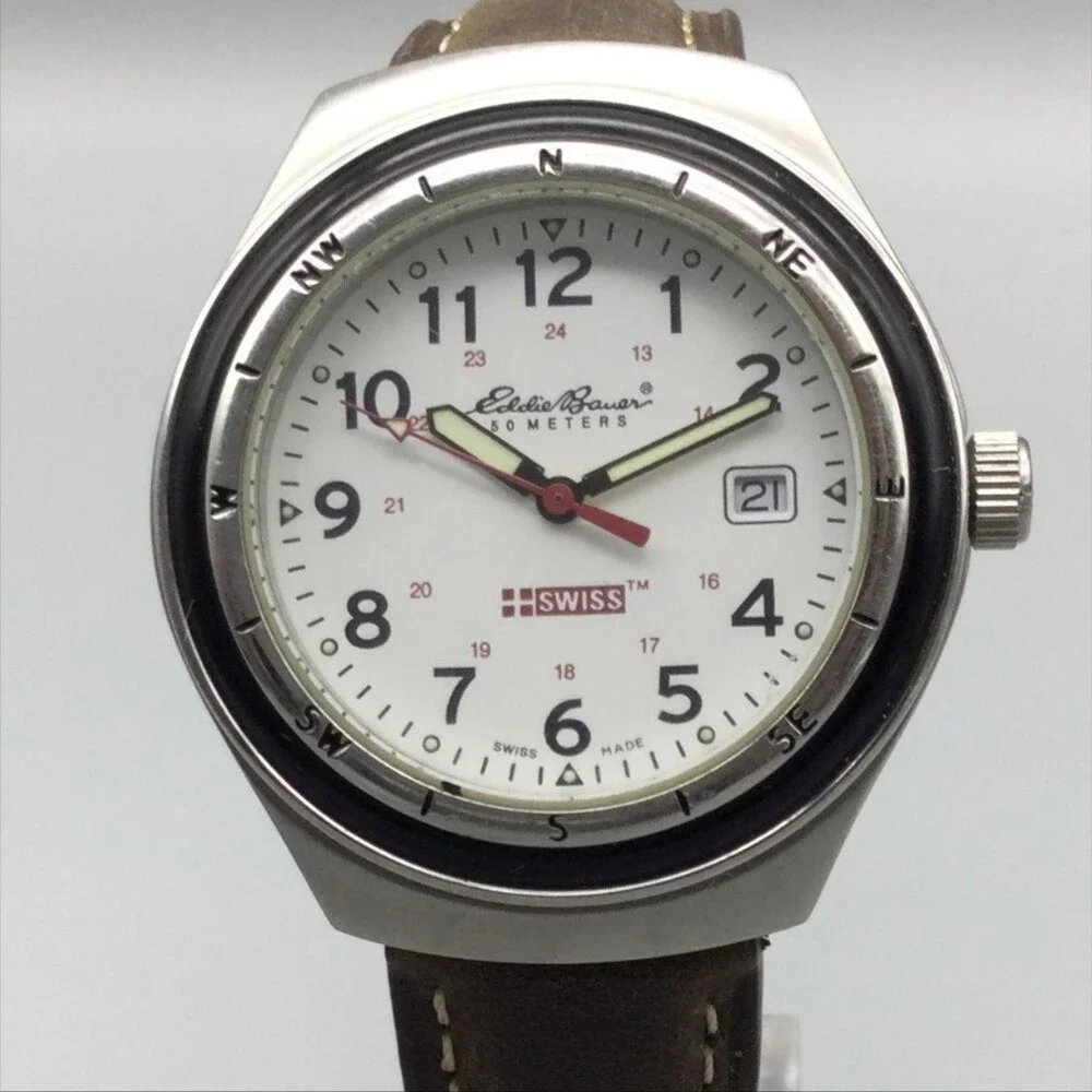 Eddie Bauer Mens Watch 37mm White Dial Brown Leather Swiss Date New Battery